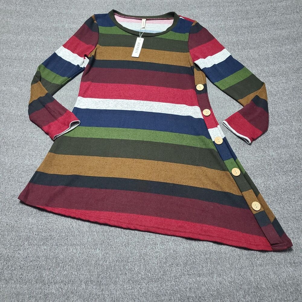 IGENJUN‎ Striped Long Sleeve Tunic Dress Buttons Asymmetrical Hem M